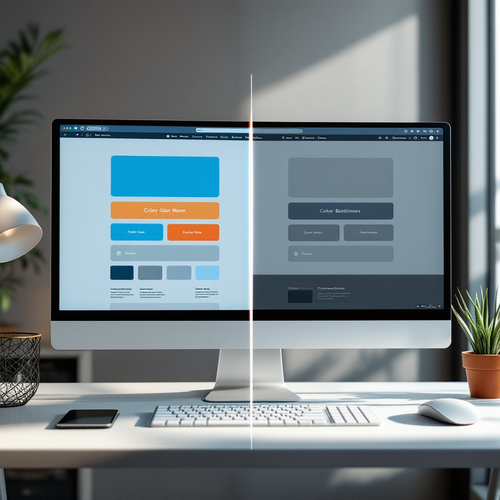 Farbenblindheit Simulator Webdesign zeigt eine Website in normaler und farbfehlsichtiger Ansicht