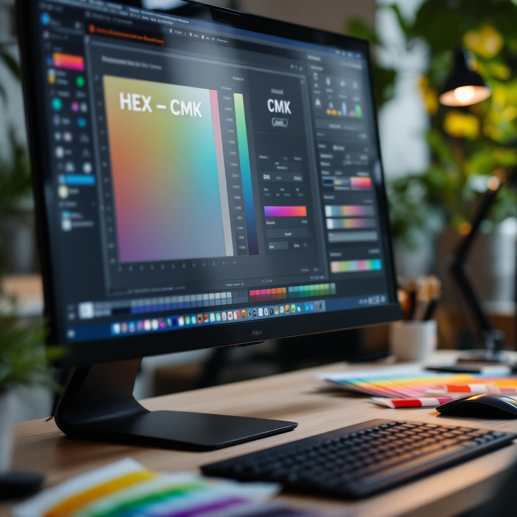 Bildschirm zeigt Tool zum Hex in CMYK umrechnen online mit Farbfächer und Druckmustern